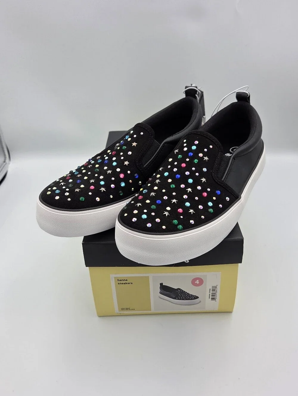 Art Class Girls Black Slip-On Sneakers with Multicolor Studs 4 NIB